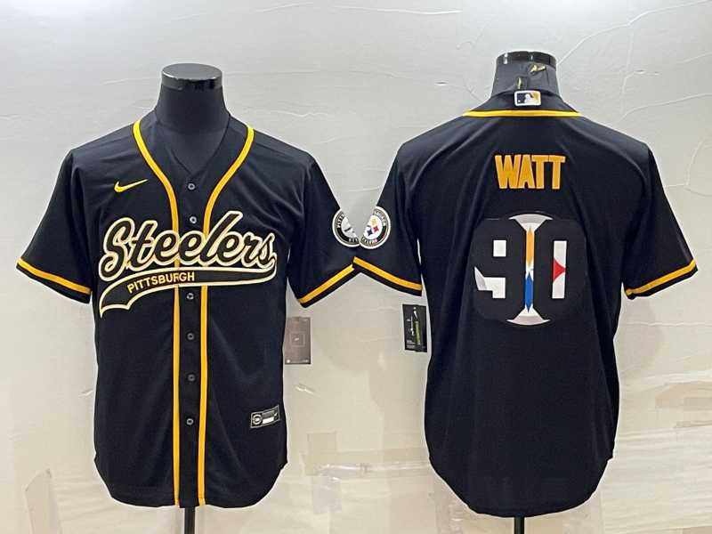 Mens Pittsburgh Steelers #90 TJ Watt Black Team Big Logo With Patch Cool Base Stitched Baseball Jersey